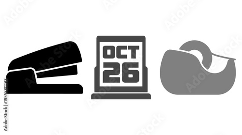 Office Supplies Icons Stapler, Calendar, Tape Dispenser