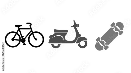 Retro transport icons Bicycle, scooter, and skateboard