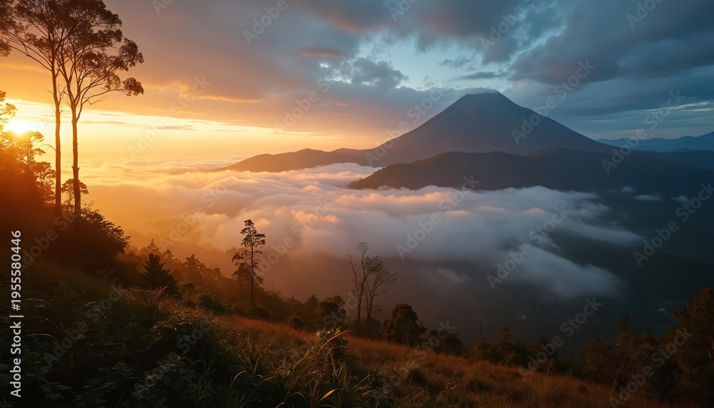 Obraz premium Majestic mountain peak emerges from sea of clouds at sunrise. Golden sunbeams illuminate trees and grassy slope. Dramatic sky with warm orange and cool blue hues.