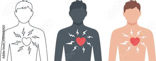 Set of three minimalist human lung icons with pain symbols for pulmonology respiratory health medical education and breathing disorder research concepts.