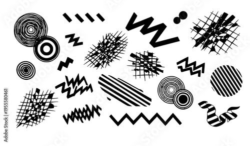 Dynamic brutalist Y2K abstract geometric elements with overlapping circles stripes and wavy lines vector set