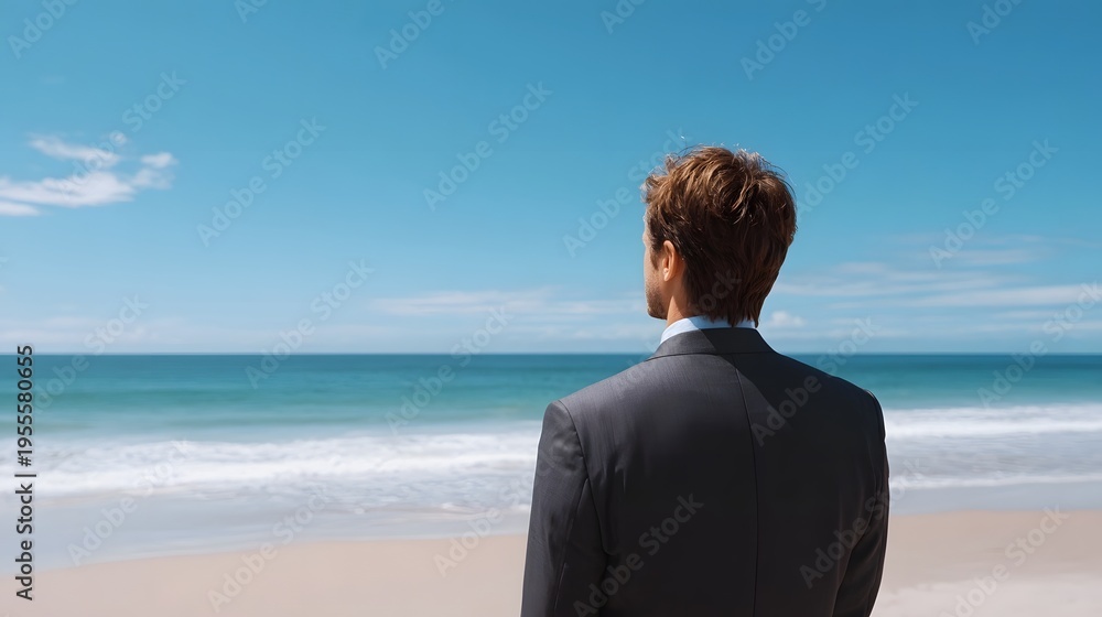 Fototapeta premium A businessman in a suit contemplates the ocean horizon from a serene beach symbolizing future success and ambition