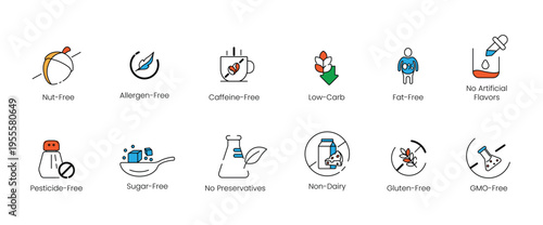 Allergen-free and dietary restriction label vector line icon set, featuring gluten-free, sugar-free, nut-free, and non-dairy badges for food packaging.