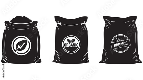 Garden Mulch Bag Set with Organic Certification Mark Icon — Minimal Black-and-White Solid Silhouette Vector, Isolated on White