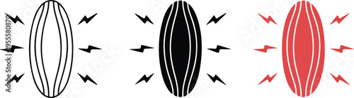 Set of three minimalist human muscle icons with pain symbols in outline solid and red styles for myalgia orthopedic health physical therapy and anatomy education concepts isolated on white.