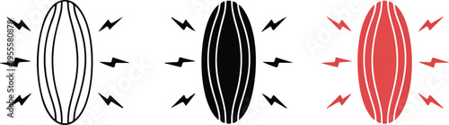 Set of three minimalist human muscle icons with pain symbols in outline solid and red styles for myalgia orthopedic health physical therapy and anatomy education concepts isolated on white.