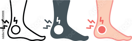 Set of three minimalist foot and ankle icons with pain symbols in outline solid and red styles for podiatry orthopedic health injury and physical therapy concepts.