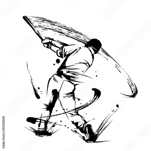 野球のバッターの墨絵イラスト