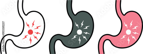 Set of three minimalist human stomach icons with pain symbols in outline solid and pink styles for gastroenterology health digestion and abdominal ache concepts.