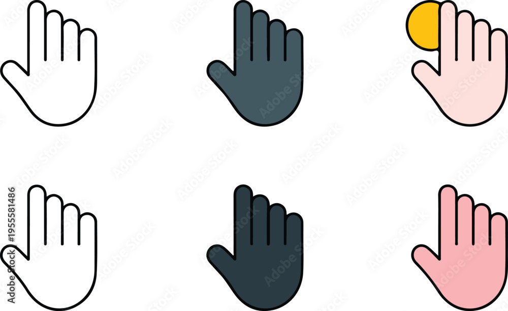 Fototapeta premium Set of three minimalist icons showing different hand gestures including thumbs up and waving in outline solid and various skin tones for communication and user interface concepts.