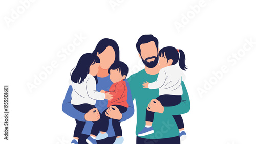 Happy family with a father and mother holding their three young children in their arms, representing love, unity, and parenthood together.
