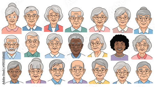 Diverse grid of senior profile avatars representing elderly men and women of different ethnicities and styles for social media or community.