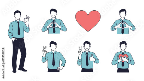 Professional man in a business shirt and tie performs various positive hand gestures including the OK sign, peace sign, and heart symbol.