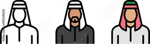 Set of three minimalist icons showing Arab men in traditional clothing including Kandura and Ghutra for Middle Eastern culture business and professional diversity concepts isolated on white.