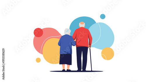 Elderly man and woman walking away together towards colorful abstract shapes, symbolizing their long journey and companionship through life.
