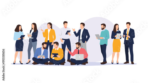 Large group of diverse young professionals in business casual clothing standing and sitting together while using their tablets and laptops.