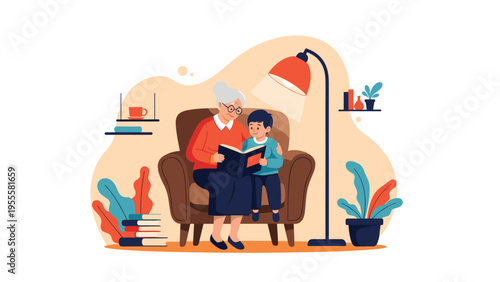 Caring grandmother sits in a comfortable armchair and reads an interesting book to her young grandson in a cozy and warm home environment.