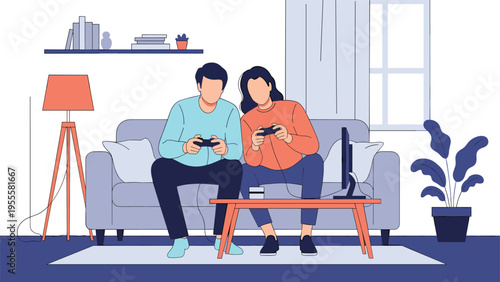 Young couple sitting together on a comfortable sofa in their living room while playing an exciting video game with wireless controllers.