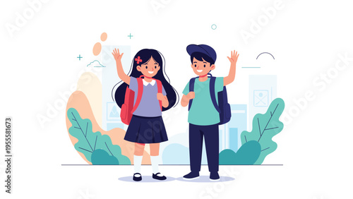Young boy and girl in school uniforms with backpacks waving goodbye happily as they prepare to head to school on a bright and sunny day.