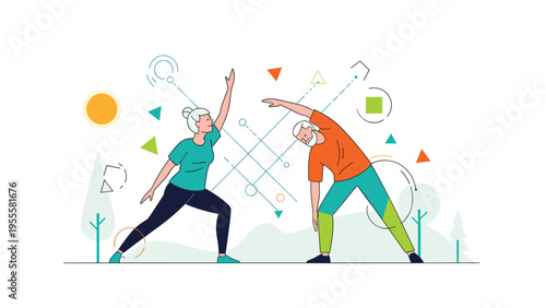 Active elderly couple in athletic wear performing stretching exercises together in a park to maintain their health and physical fitness.