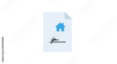 Real estate document: signed contract with house icon illustration on a white background