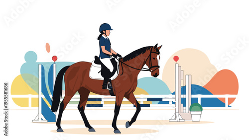 Young equestrian woman riding a brown horse during a show jumping competition at an arena with colorful abstract shapes in the background.