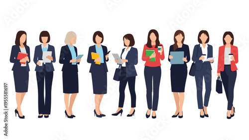 Row of professional women dressed in various stylish business outfits including suits and blazers, ready for a day of work in the office.