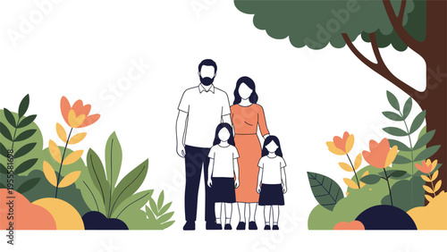 Silhouette of a happy family consisting of a father, mother, and two children standing in a beautiful park surrounded by lush green trees.