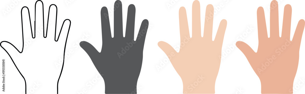 Obraz premium Set of four minimalist icons of human hands in different skin tones and styles including outline and solid for communication diversity and greeting concepts.