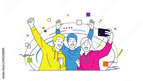 Group of three joyful friends including a man and two women cheer and pose for a selfie photo using a smartphone.