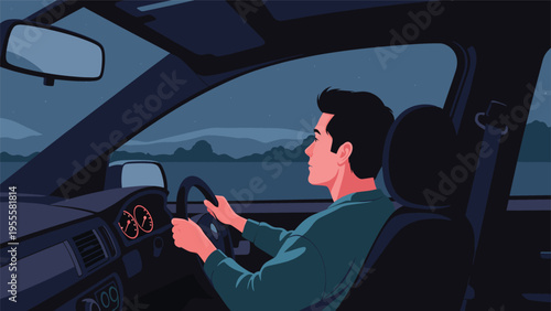 Profile view of a focused man driving his car along a scenic lake or coastal road during a clear and starry night.