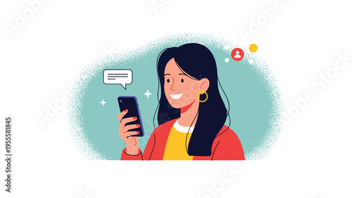 Smiling woman with long dark hair holds a smartphone and receives a new message notification while standing against a green background.