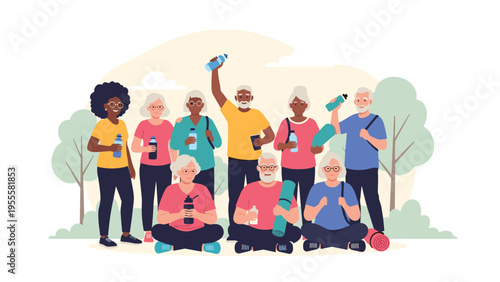 Diverse group of active seniors stand together in a park holding water bottles and yoga mats after an outdoor exercise session.