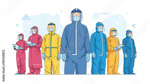 Row of medical professionals wearing protective hazmat suits, face masks, and shields in various colors including blue, pink, and yellow.