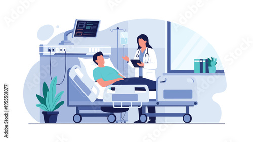 Female doctor holding a tablet talks to a male patient resting in a modern hospital bed with medical monitoring equipment.