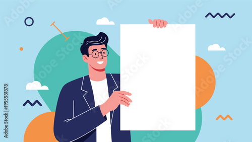 Smiling man wearing glasses and a dark blazer holds a large empty white poster board against a colorful geometric background.