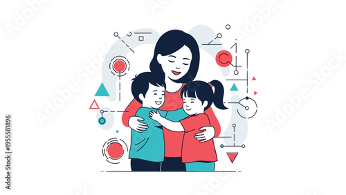 Loving mother embraces her young son and daughter in a warm hug against a background of abstract geometric symbols.