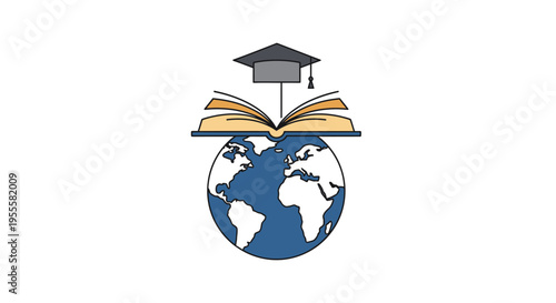 Global education symbol: academic cap, open book atop an earth globe, signifying worldwide learning