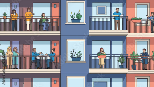 High-angle view of several residents engaging in different activities on the balconies of a colorful urban apartment complex.