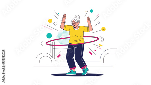 Energetic senior woman practicing with a hula hoop to stay fit and healthy, illustrating active aging and the importance of physical exercise.