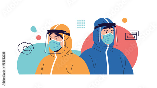 Medical workers wearing full protective gear including face shields and masks to ensure safety while providing healthcare services during an emergency.