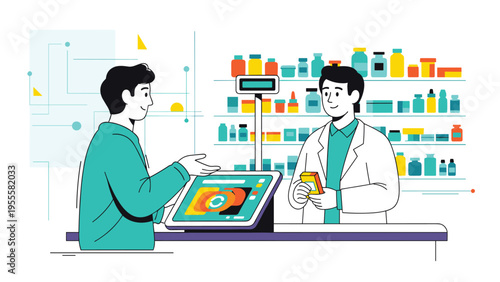 Pharmacist assisting a male customer at a drugstore counter with various medicine bottles displayed on shelves, featuring a digital payment terminal.