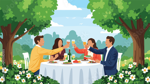 Group of friends enjoying a festive outdoor dinner party under large trees, raising their wine glasses for a toast in a garden setting.