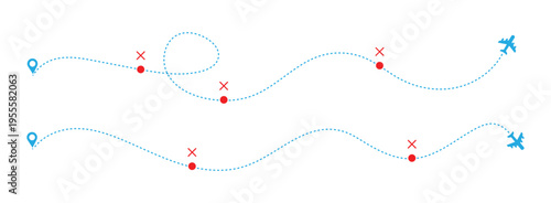 Dotted path line with red points. Airplane flight path with dash line and dash line trace. Vector illustration.