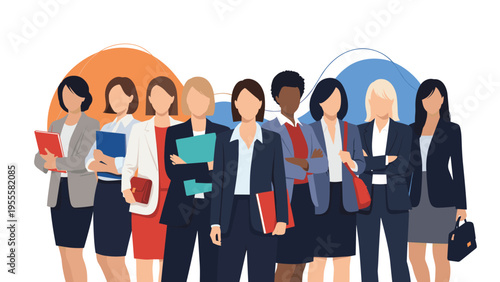 Diverse team of professional businesswomen standing together with confidence, representing female empowerment and leadership in business.