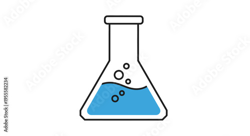 Minimalist Illustration of Laboratory Flask with Blue Liquid and Bubbles on a White Background