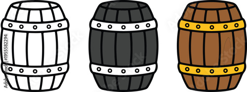Set of three minimalist wooden barrel icons in outline and detailed wood grain styles for brewery agriculture and historical storage concepts isolated on white background.