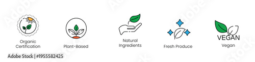 Organic certification, plant-based, and natural ingredients vector line icon set, featuring fresh produce and vegan leaf symbols for eco-friendly healthy food packaging design.