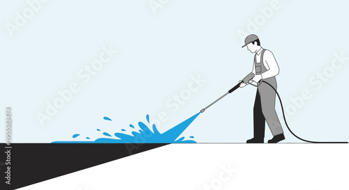 Ground cleaning worker using pressure hose with water splash