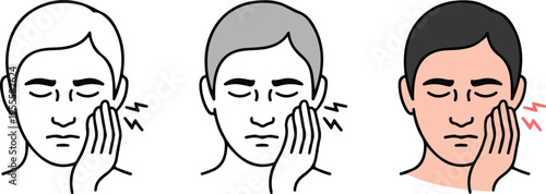 Set of three minimalist human face icons with pain symbols for dentistry toothache sensitivity and facial nerve health concepts isolated on white background.